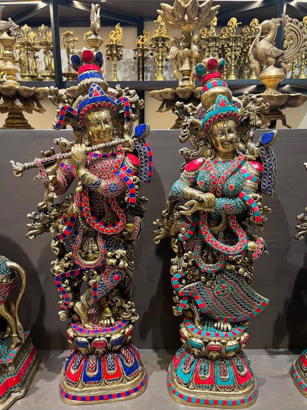 Brass Radha Krishna idol with stone work